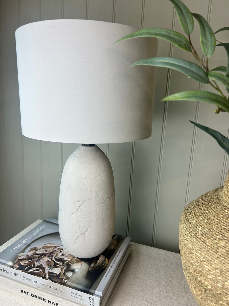Stone grid print white lamp with linen shade