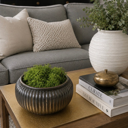 Bronze Pewter Ribbed Ceramic Planter