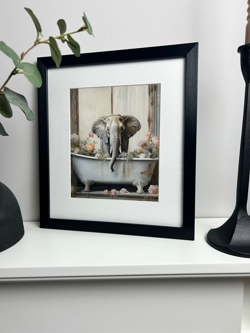 Bathroom joy elephant framed print 30x34cm