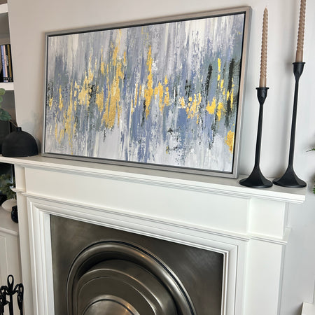 Dripping indigo blue and gold framed canvas abstract by Tom Reeves 60x90cm