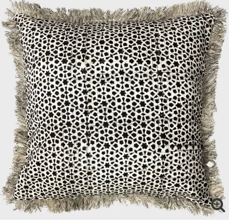 Mocha brown beige printed tassel edge cushion feather filled 45cm