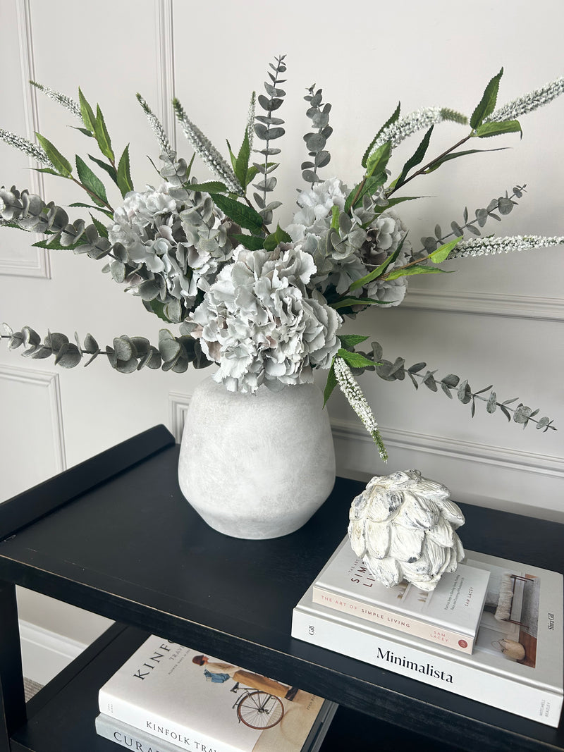 Bouquet arrangement grey/taupe hydrangeas white Veronica eucalyptus bunch.