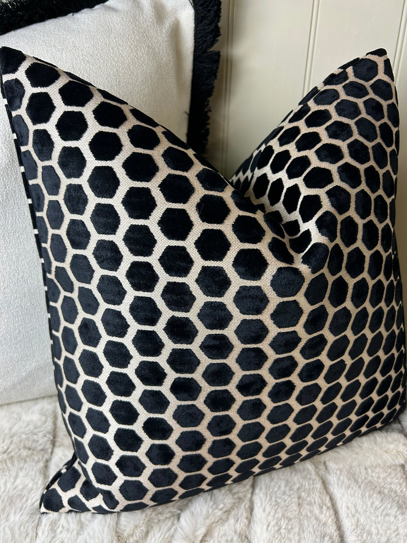 Black Natural printed textured Jorvik hex luxury cushion 43cm