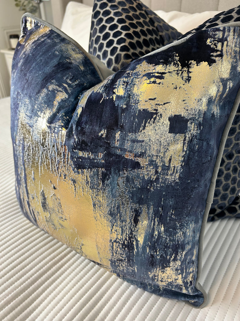 Idyllic abstract navy blue and gold grey luxury cushion