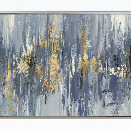 Dripping indigo blue and gold framed canvas abstract by Tom Reeves 60x90cm