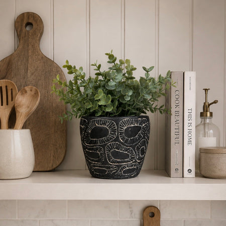 Black Patterned Stone Plant Pot