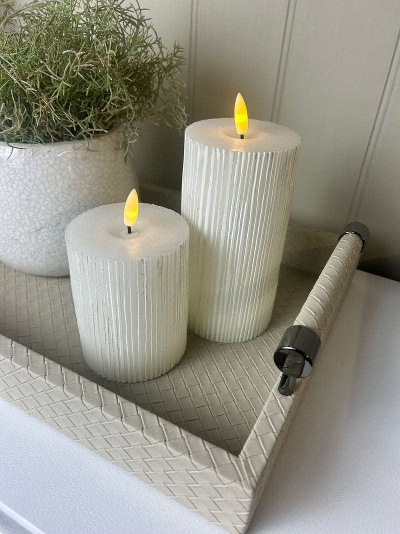 Cream leather look woven tray with gunmetal handles