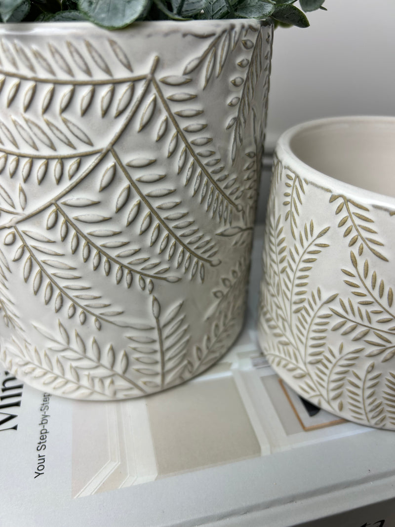 Cream beige Embossed Leaf print Plant Pots 2 sizes