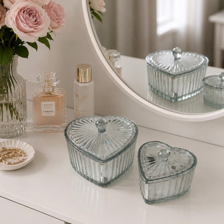 Set of two glass lidded jars hearts