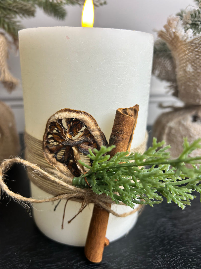 Large LED foliage hessian candle cream 10cm