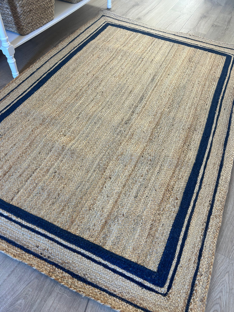 Rectangular Natural with Navy Border Woven seagrass Hemp Rug mat