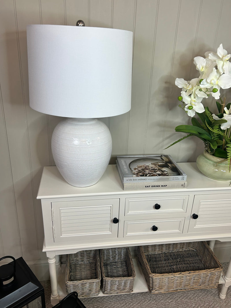 White console cupboard table with shelf