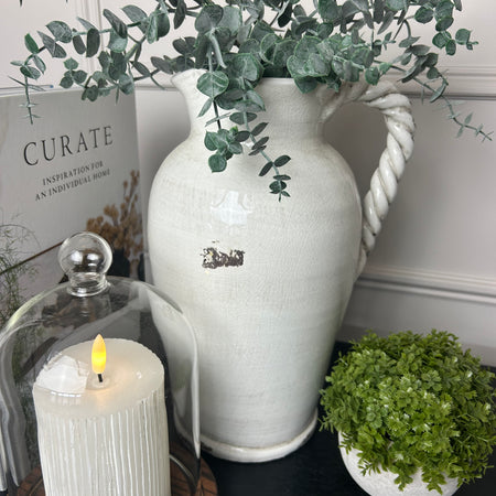 Off white rustic glaze twisted handle tall jug vase