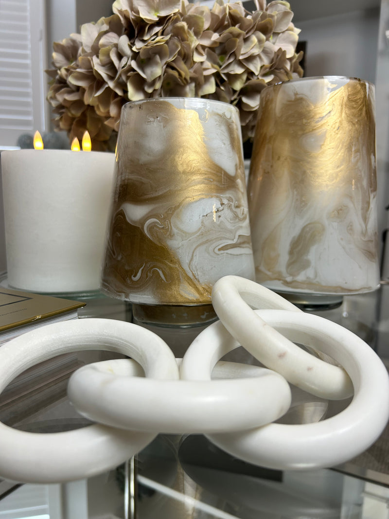 Marbled Gold & White Hurricane Candle Holder