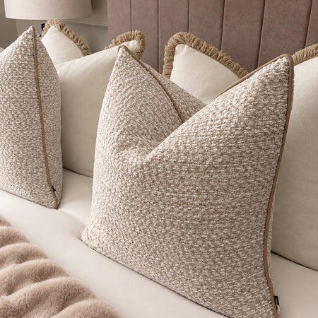 Textured slub large stab print neutral brown trim cushion 58cm nalvin