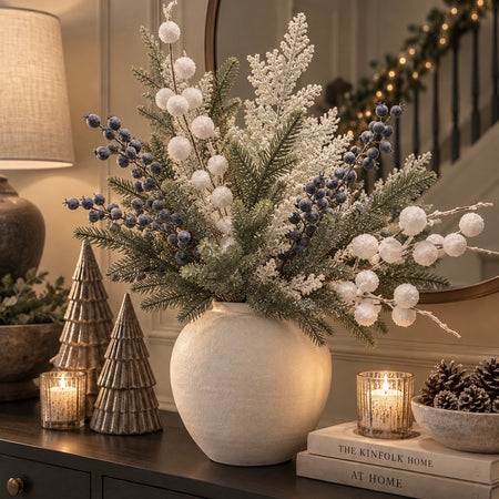 Blueberry Pom Pom blue spruce snowy pine arrangement