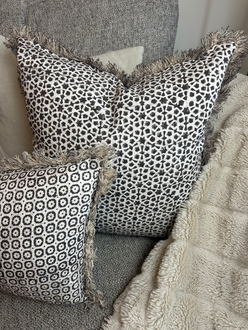 Mocha brown beige printed tassel edge cushion feather filled 45cm