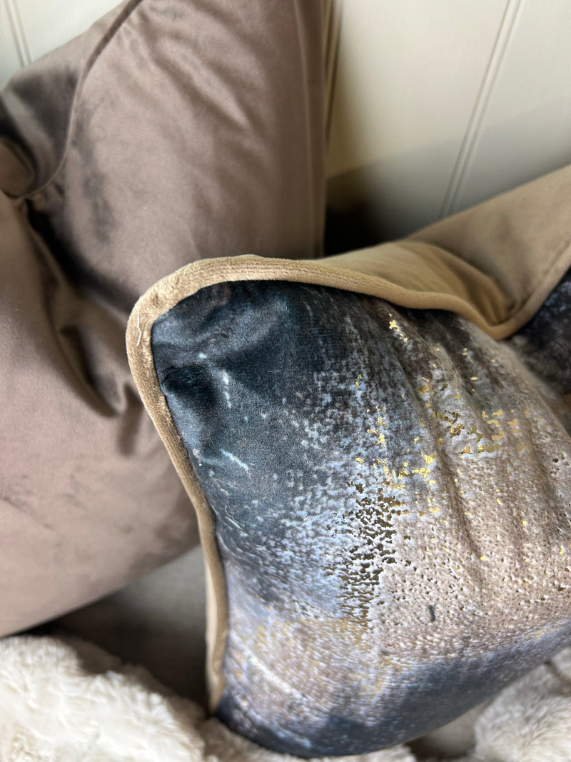 Paul Moneypenny Bronze brown navy Abstract Too Good Velvet Cushion 45cm
