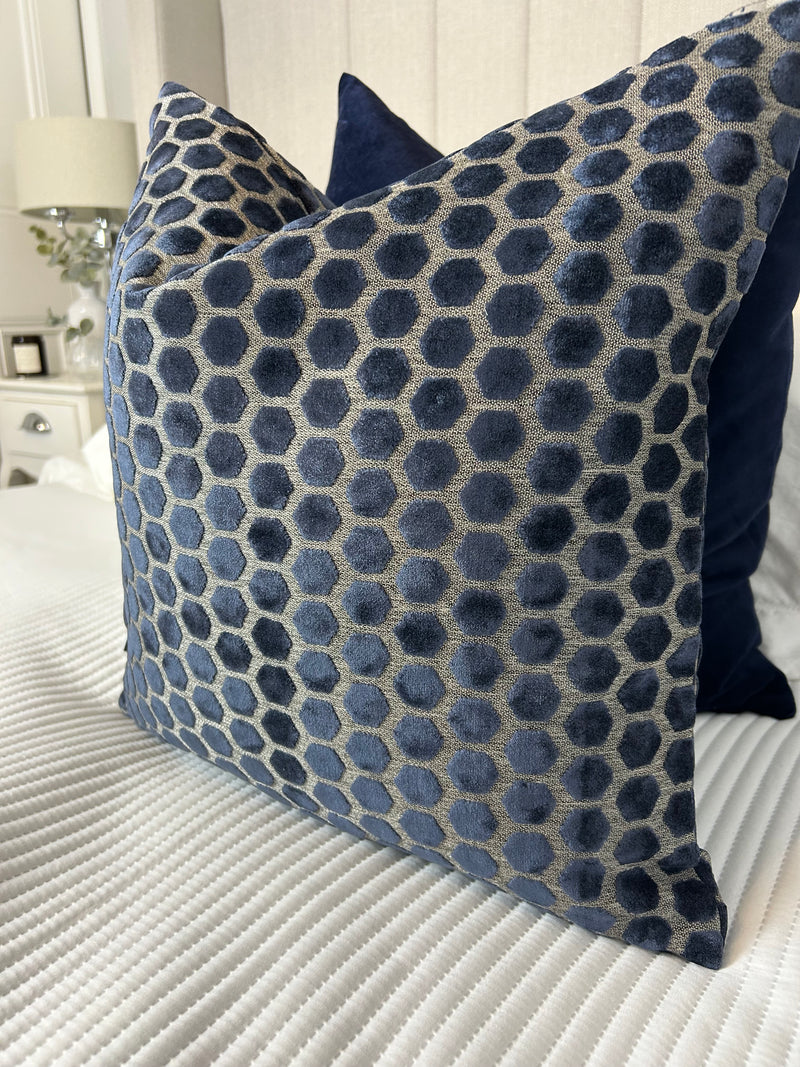 Navy Blue Jorvik Hexagon Velvet luxury Cushion Two Sizes