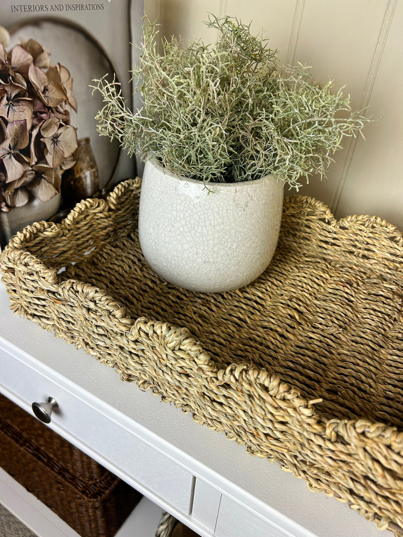 Scallop Edge Rattan Weave woven Basket Tray With Handles