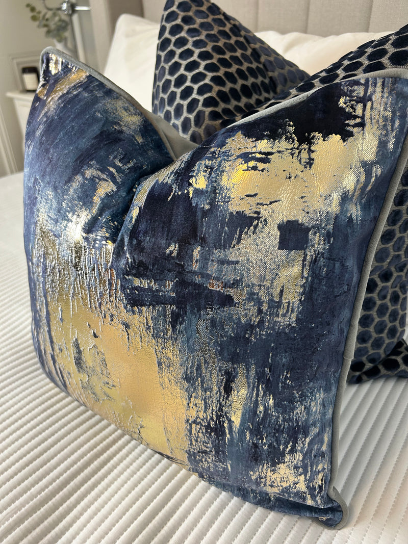 Idyllic abstract navy blue and gold grey luxury cushion