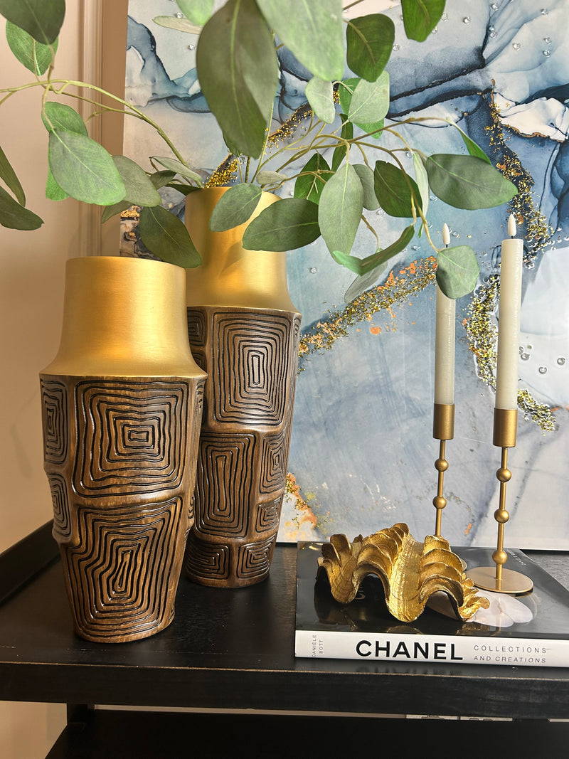 Dark wood look brown and gold textured vase 2 sizes