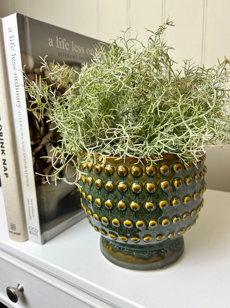 Reactive glaze ochre green and brown bobble plant pot planter