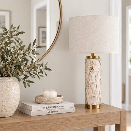 Carrara natural stone look lamp with gold accent linen shade