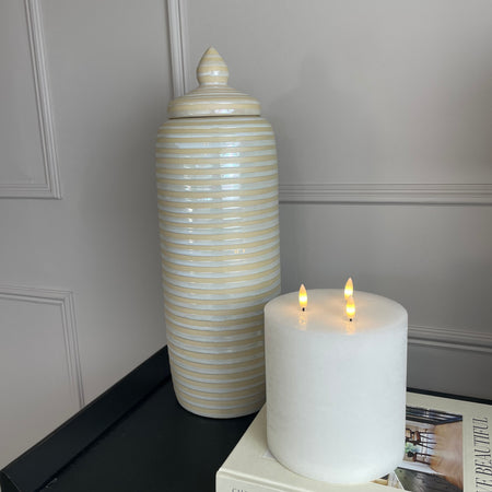 Large Tall Cream Ribbed striped Lidded Ginger Jar