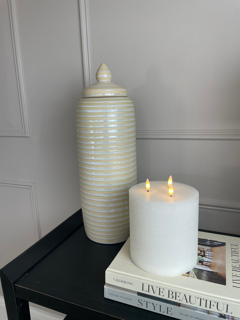Large Tall Cream Ribbed striped Lidded Ginger Jar