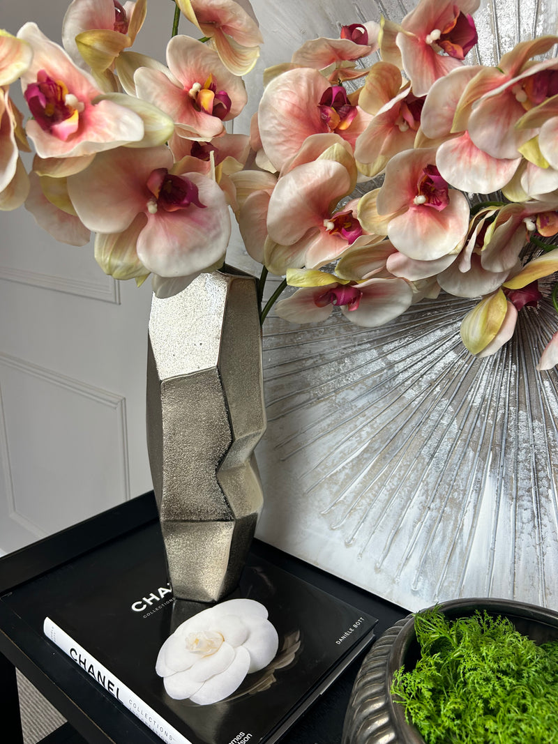 Large textured champagne silver metal shaped vase 40cm