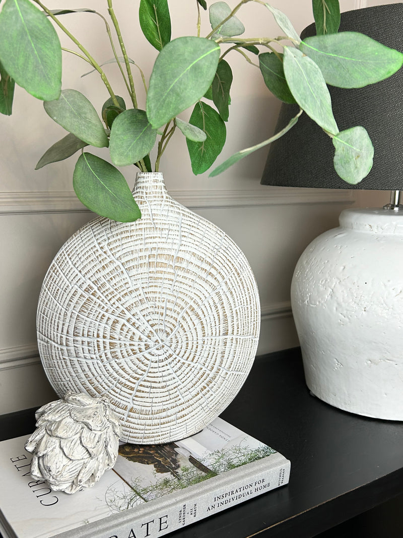 Brown and white textured wood look round vase