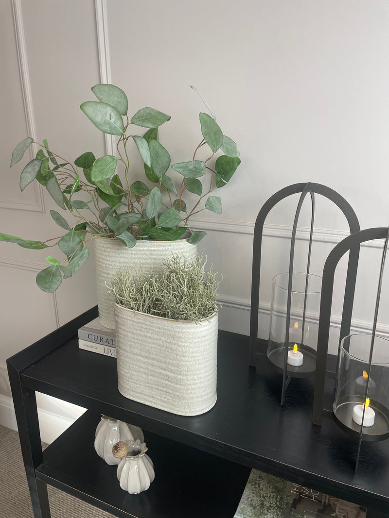 Oval ribbed slim neutral taupe vase