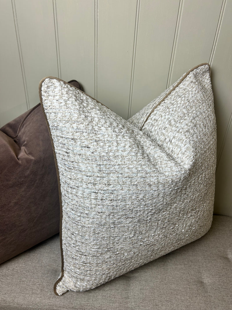 Textured slub large stab print neutral brown trim cushion 58cm