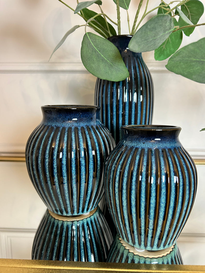 Navy Blue ribbed reactive bulbous vase 13cm & 16cm