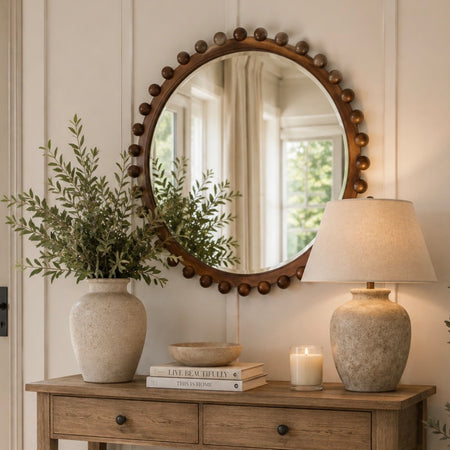 Brown dark wood 90cm bobble round mirror