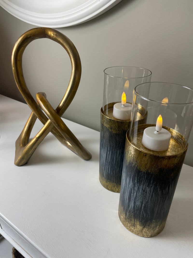 Pair of Distressed Gold & Blue Tall Candle Holder
