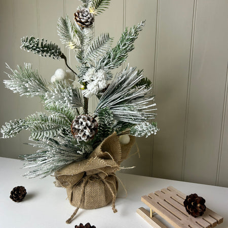 LED Snowy Pinecone Tree with Jute wrapped Base 50cm