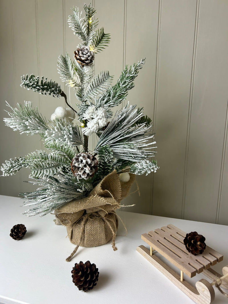 LED Snowy Pinecone Tree with Jute wrapped Base 50cm