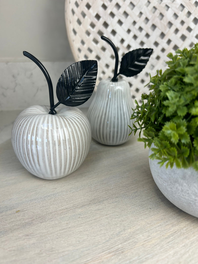 Off white ribbed ceramic apple and pear