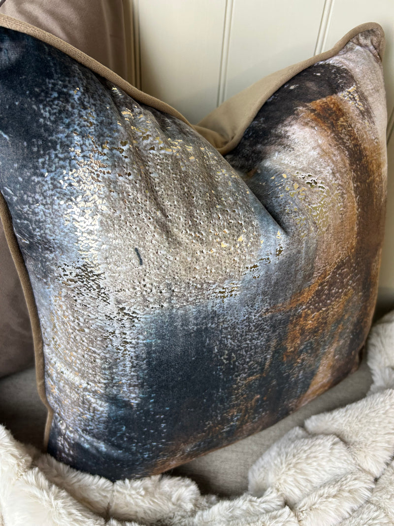 Paul Moneypenny Bronze brown navy Abstract Too Good Velvet Cushion 45cm