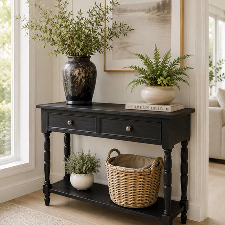 Charcoal black two drawer console with shelf
