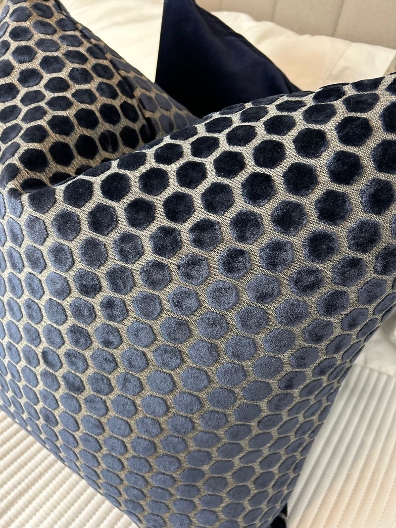 Navy Blue Jorvik Hexagon Velvet luxury Cushion Two Sizes