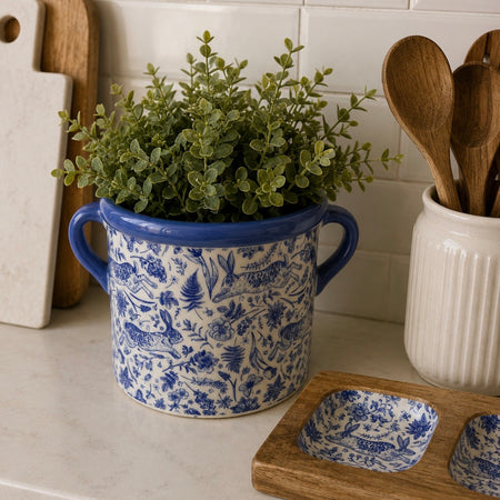 Large blue white planter with rabbit detail