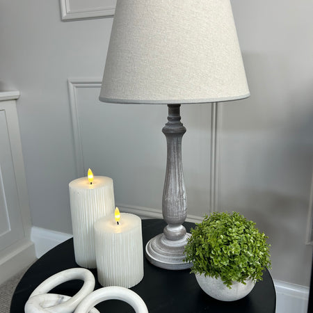 Theos washed wood brown taupe lamp with linen shade