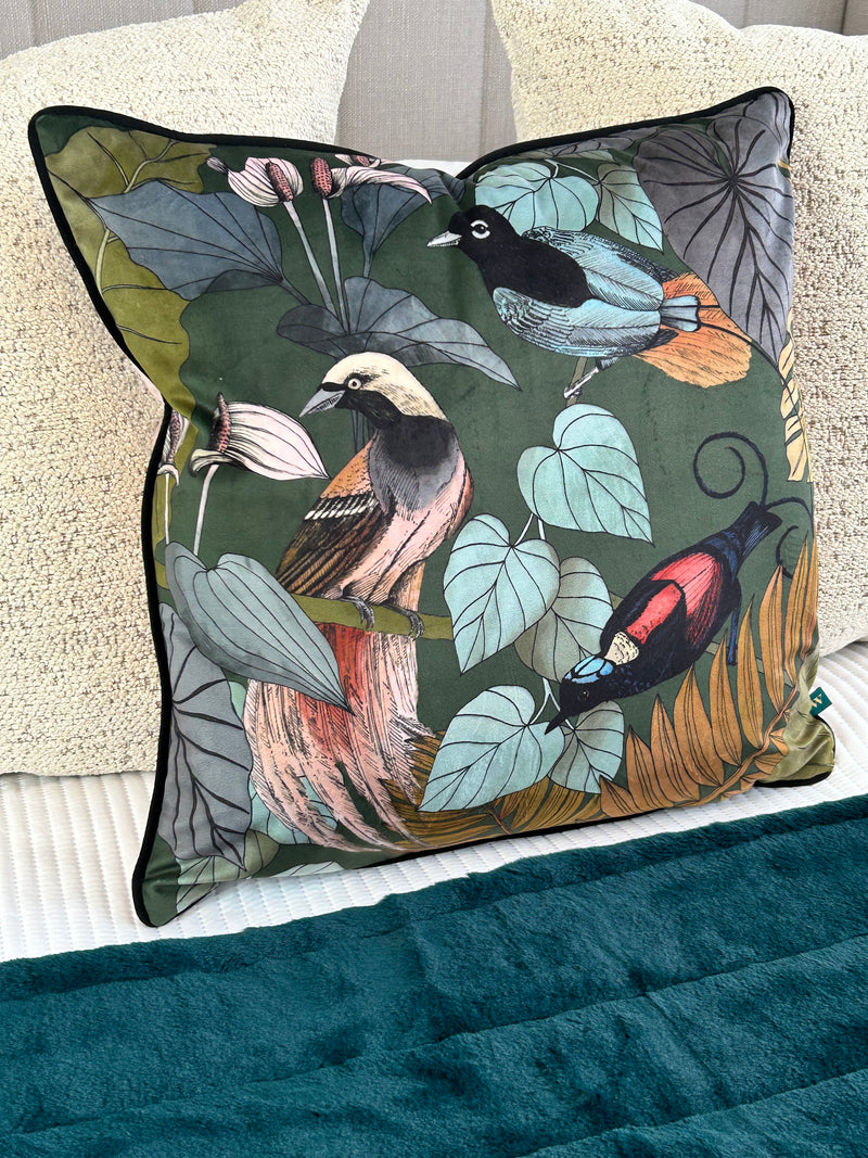 Moriyo Piped Velvet bird Cushion Emerald
