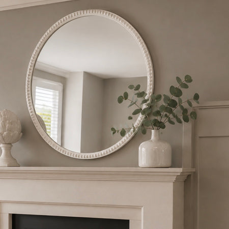 Washed wood white round beaded bobble frame mirror 76cm