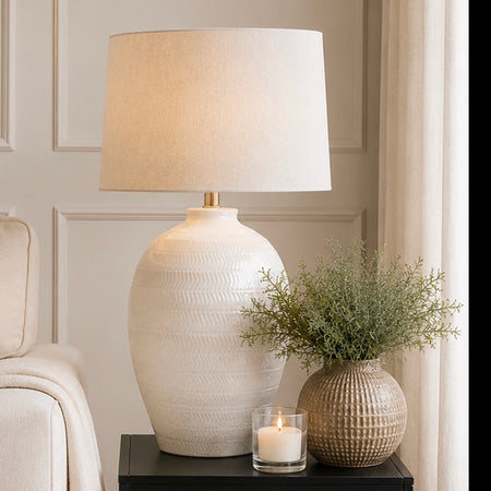 Textured cream ceramic lamp with linen shade