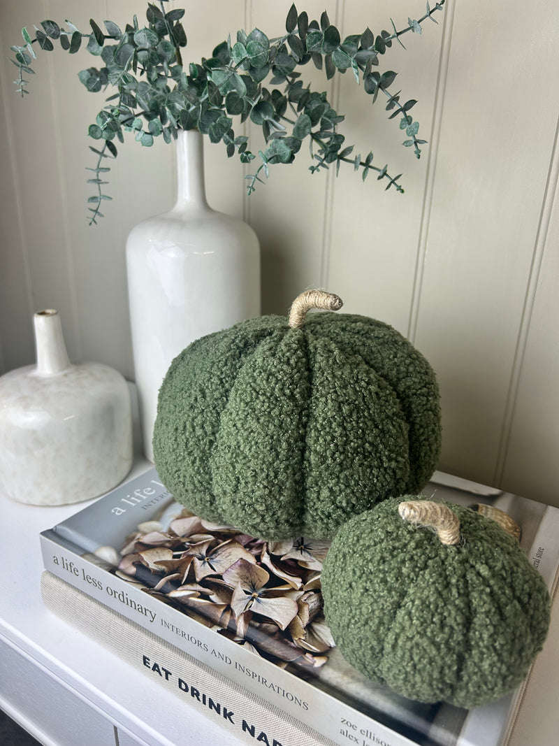 Set of two Boucle green autumn Halloween pumpkins 16cm and 11cm
