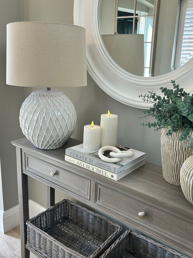 Lattice textured ceramic lamp with linen shade